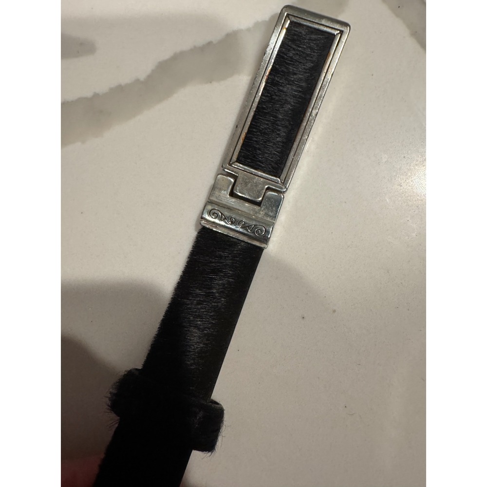 Brighton Womens Black Calf Hair Skinny Belt Silver Scroll Buckle Size S 28